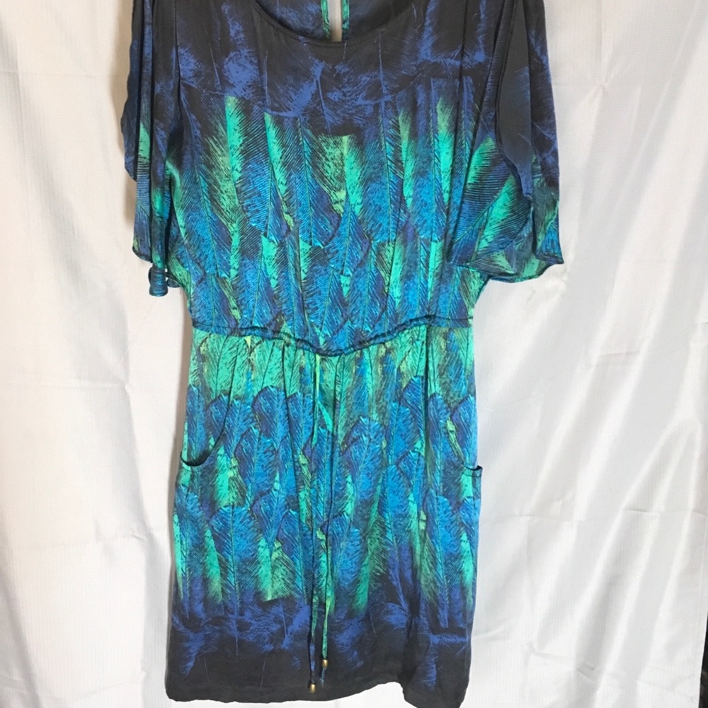 Silk Dress Blue/Green Feather Print Tie-Waist Dress